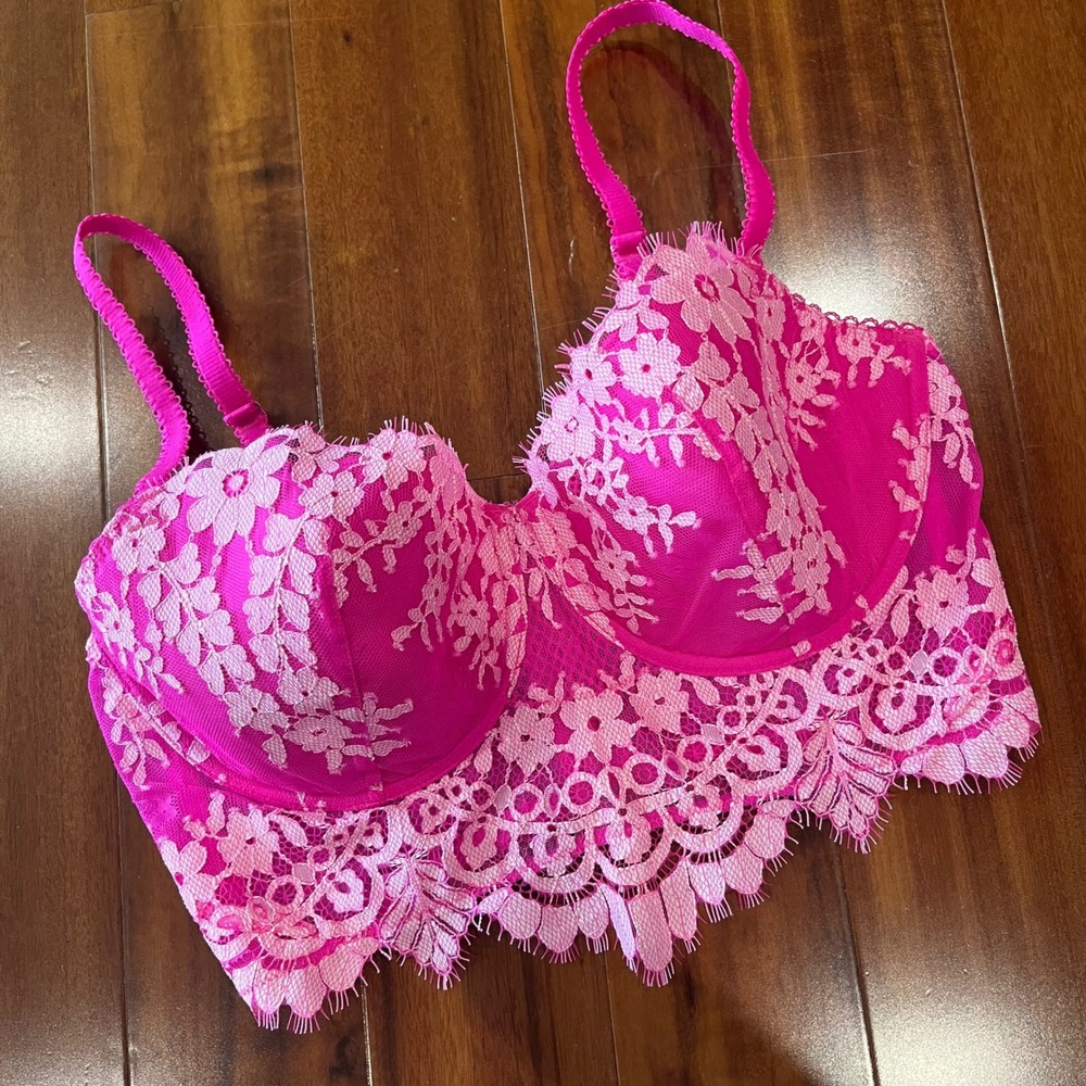 Victoria's Secret Lace Bra Zip Back Longline Hot Pink Floral Mesh NWOT Size 34DD